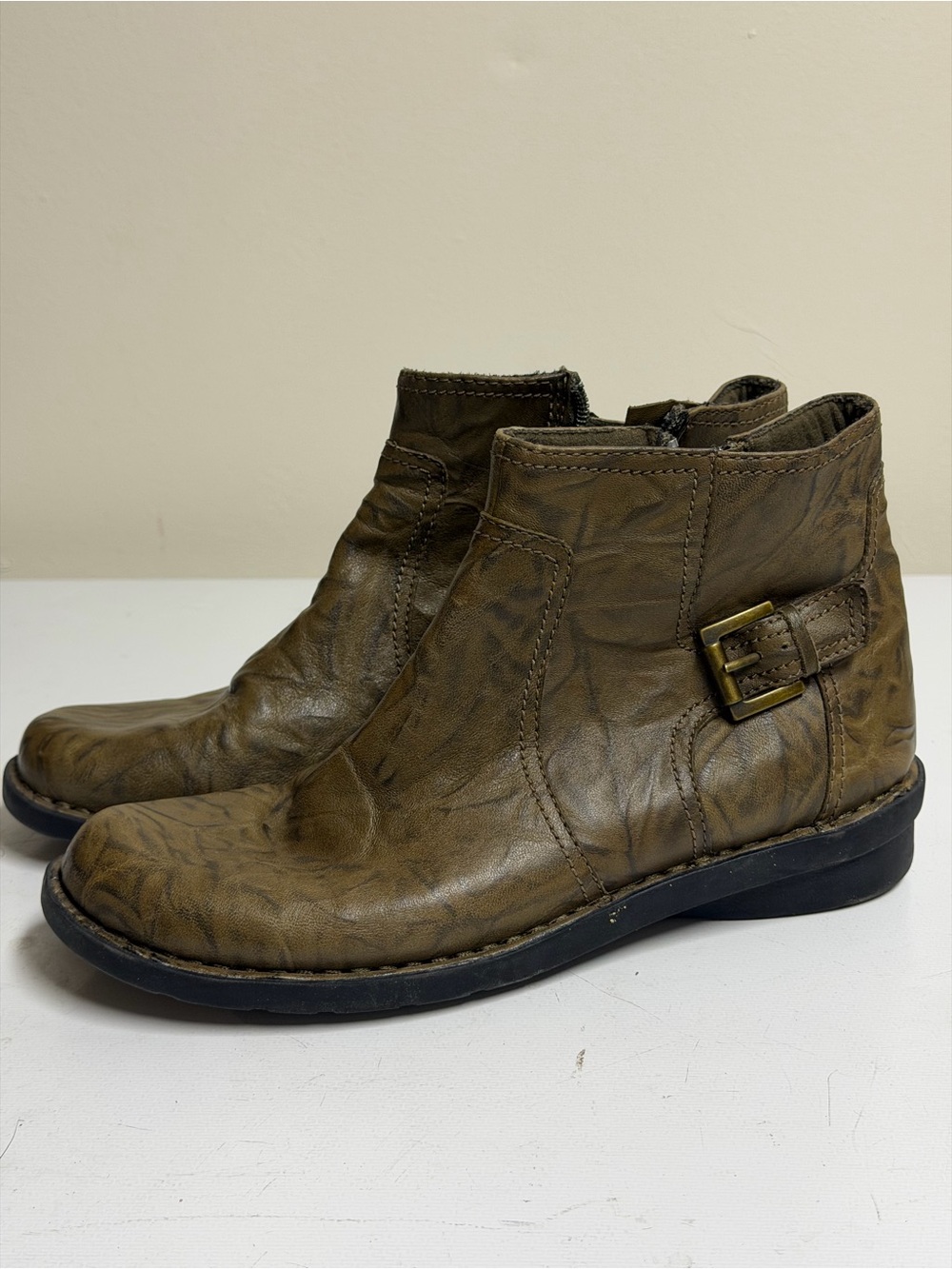 Casual Ankle Boots in Olive Brown Marble with Side Buckle